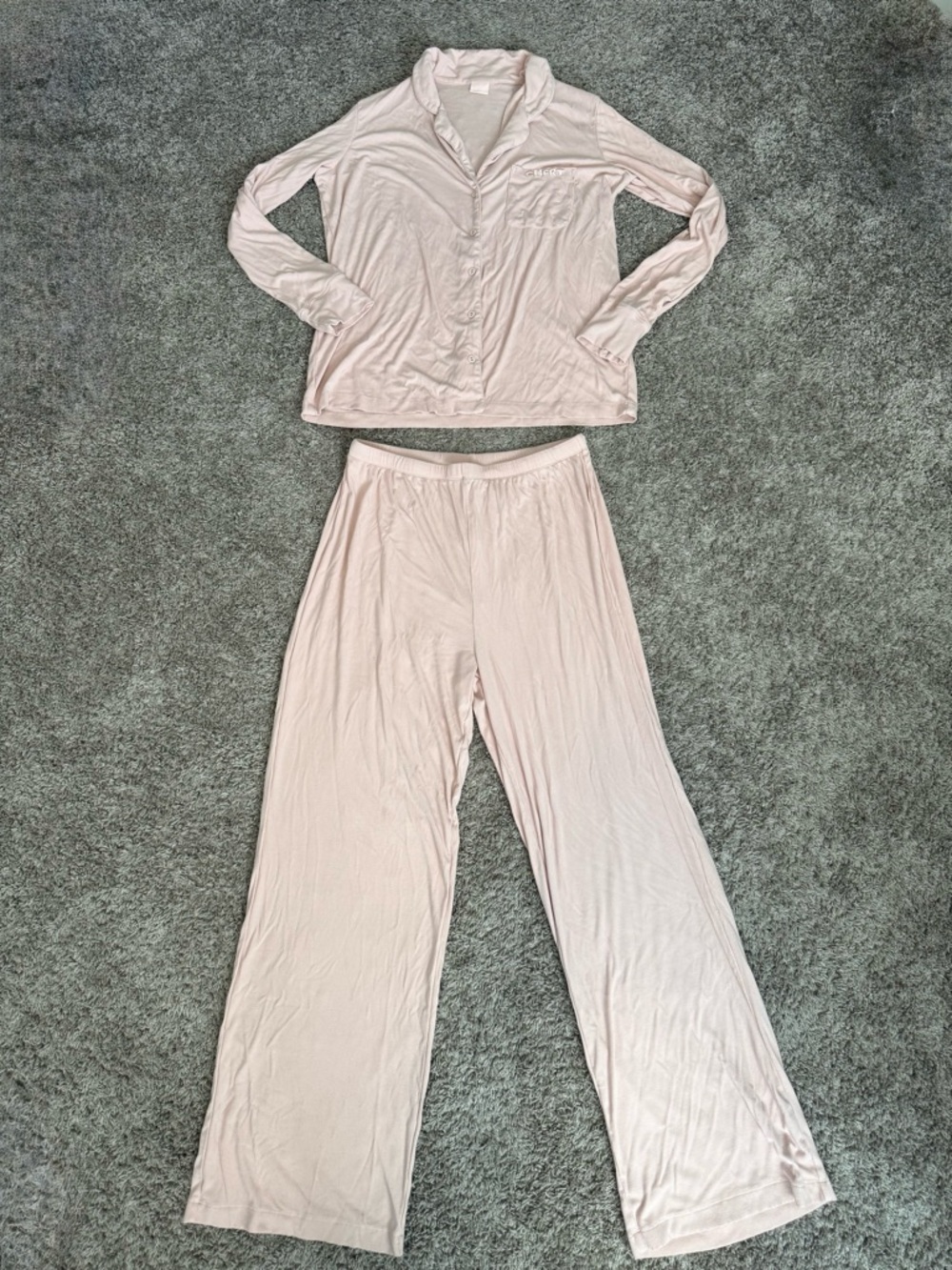 CMFRT Women’s Pink Ribbed Lounge Set Soft Embroidered Large